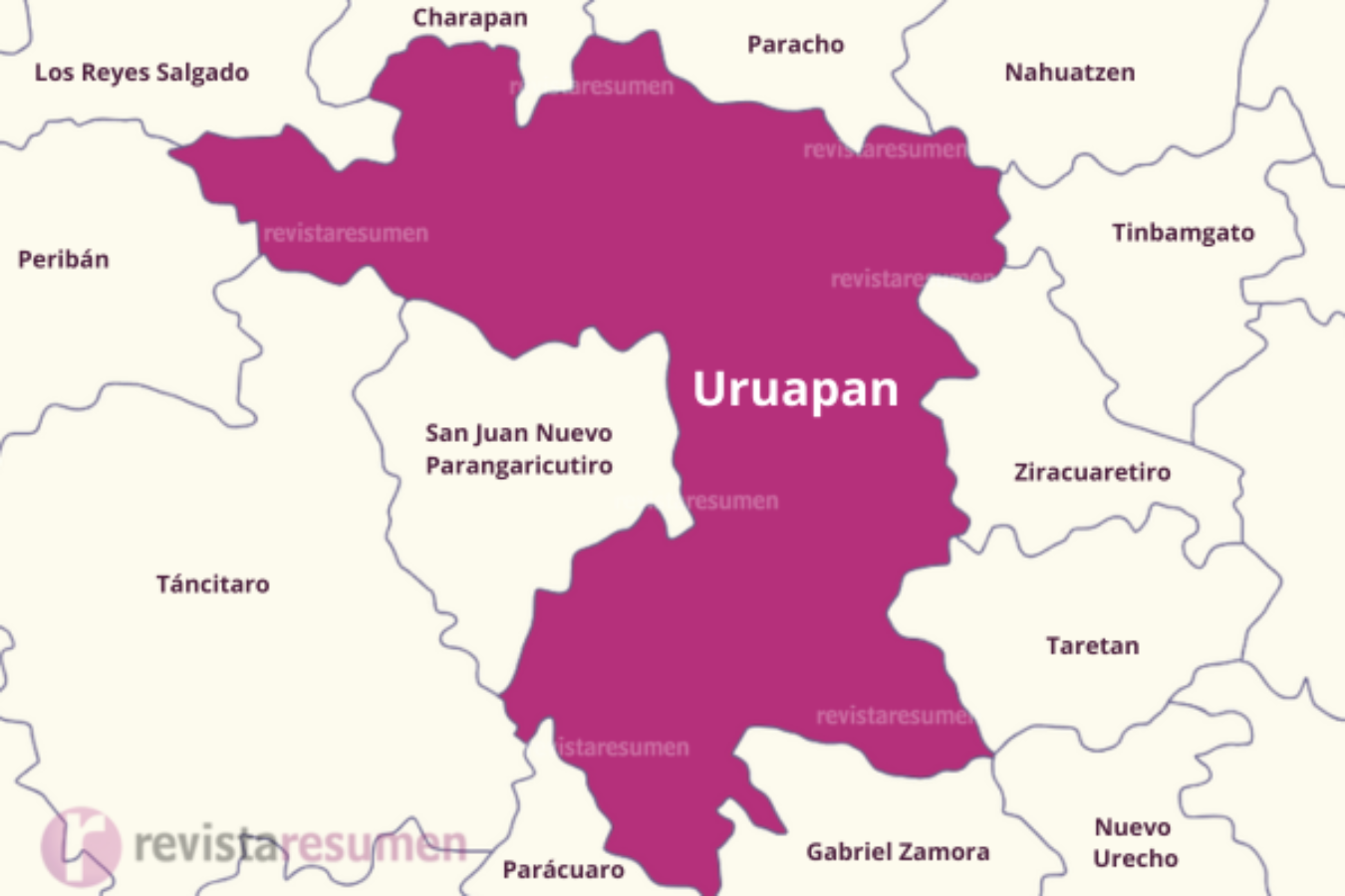 Mapa con nombres de los municipios conlindantes de Uruapan