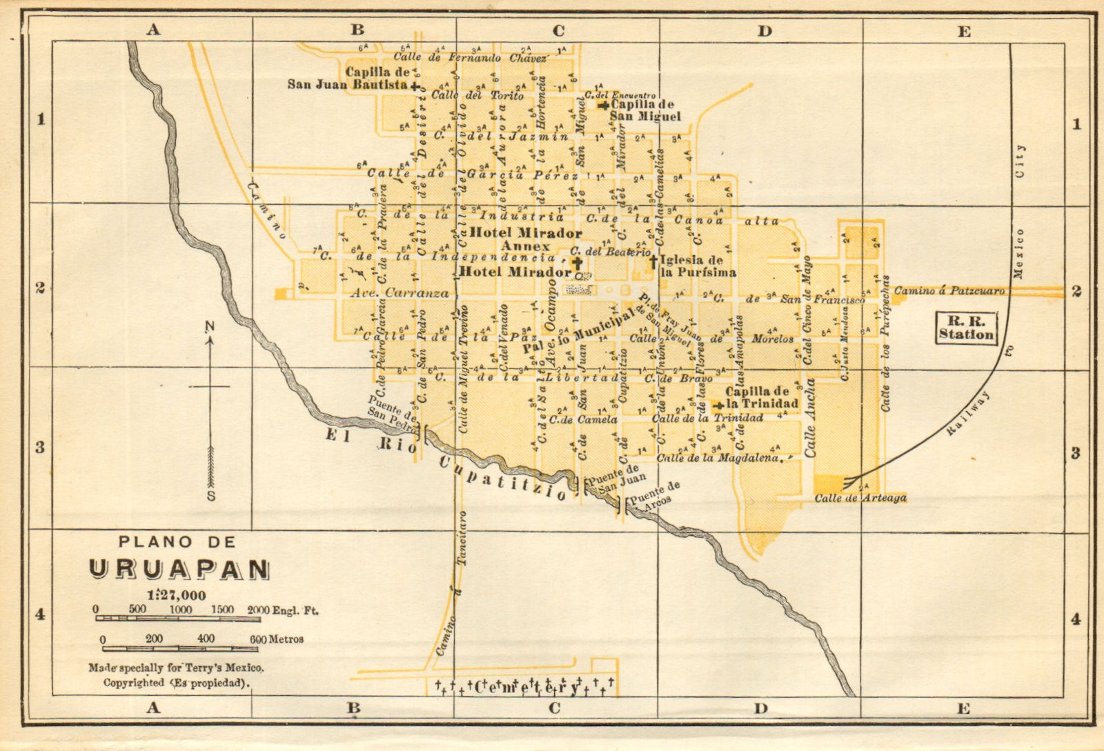 Mapa de Uruapan para 1938, consolidado y como un centro comercial e industrial