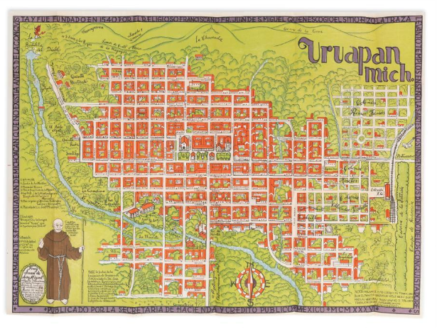 Mapa de Uruapan de 1933 con un ferrocarril que lo conectaba al resto del estado