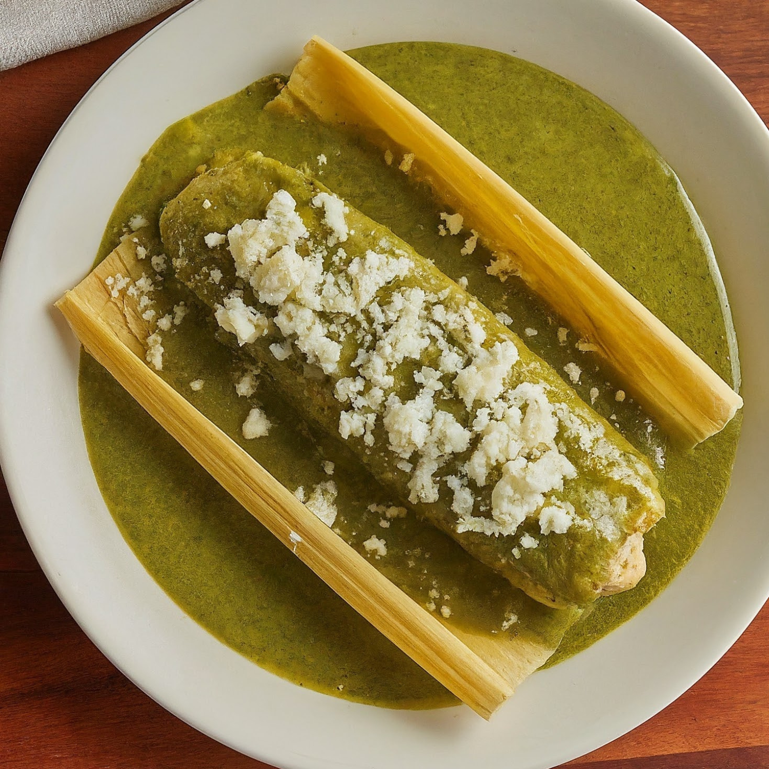 Un uchepo con salsa verde y queso 